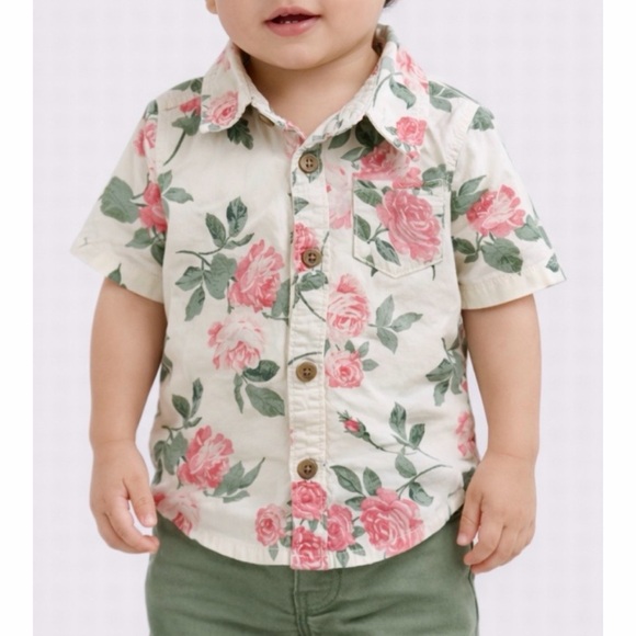 OLD NAVY • Cream/Multi Floral Print Button-Down Short Sleeve Shirt - Picture 1 of 11